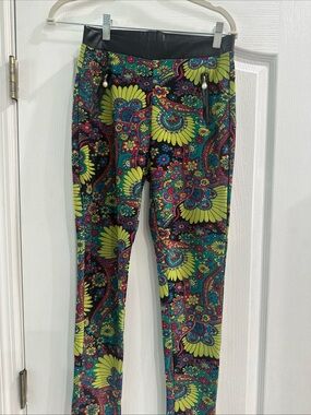 Vibrant Multicolor Paisley-Print Leggings with Faux Leather Waist